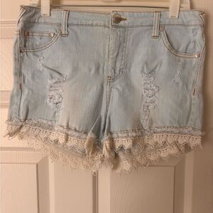 Light Blue Distressed Denim Shorts with Lace Trim